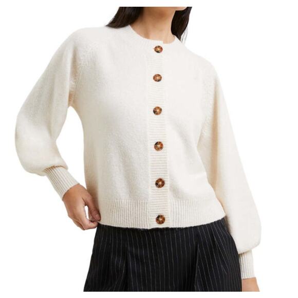 French Connection Kezia Puff Sleeve Button Front Cardigan Sweater White Medium - Picture 1 of 7